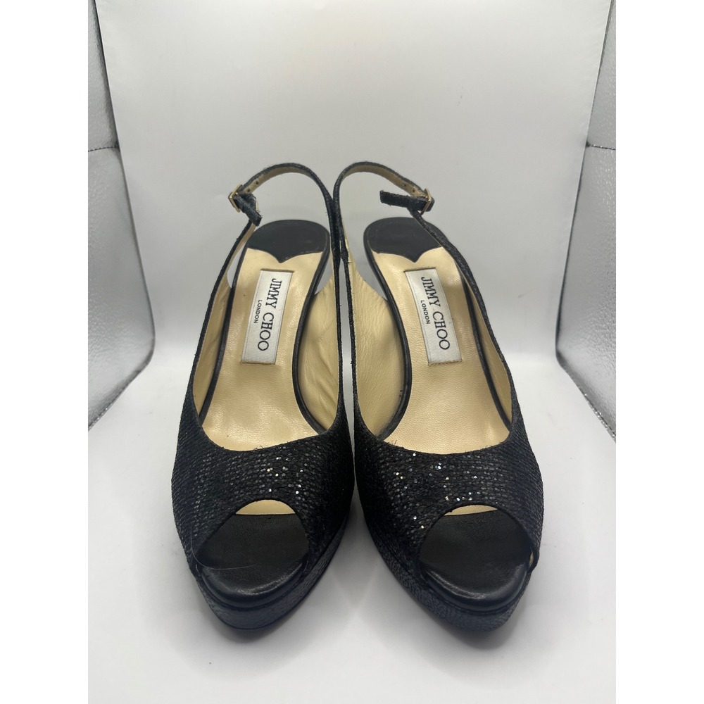 Jimmy Choo Glitter Peep Toe Slingback Heels Black Made‎ in Italy Size 38 - Picture 2 of 8